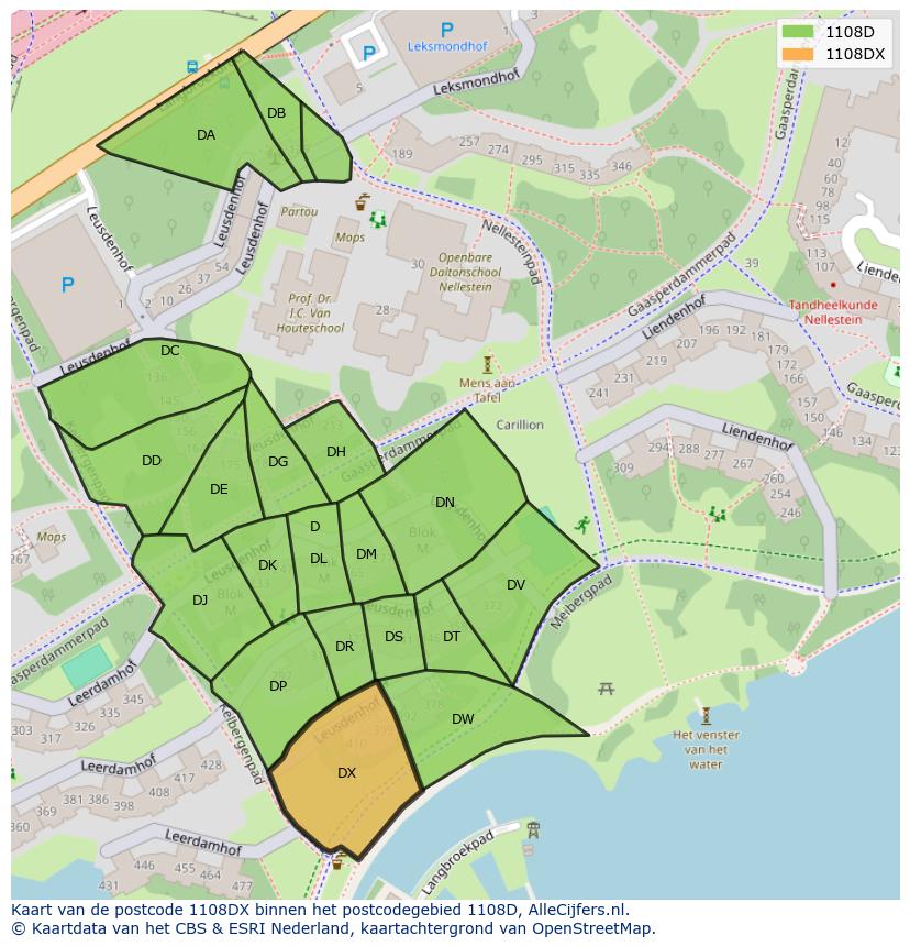 Afbeelding van het postcodegebied 1108 DX op de kaart.