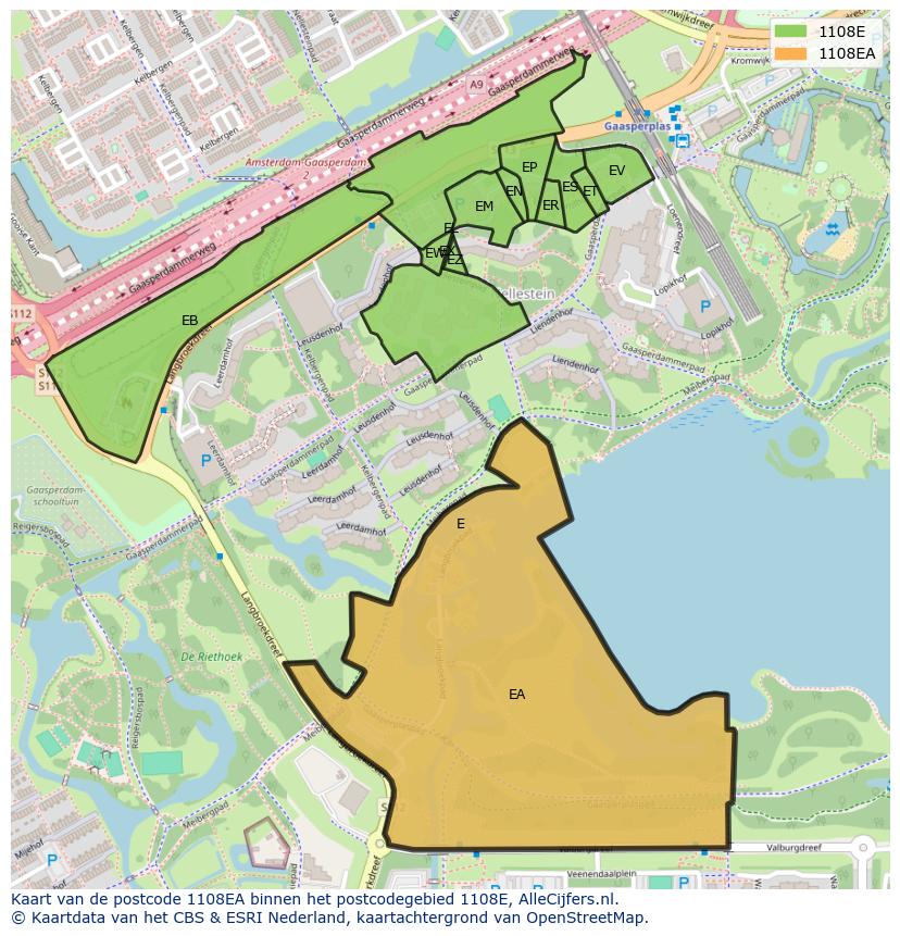 Afbeelding van het postcodegebied 1108 EA op de kaart.