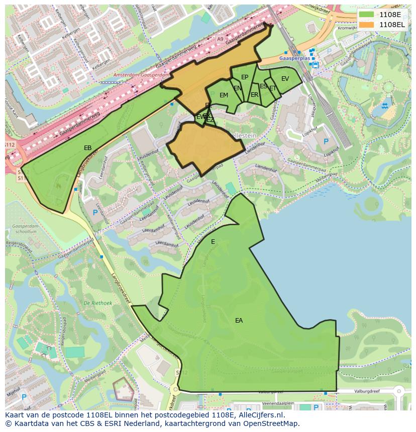 Afbeelding van het postcodegebied 1108 EL op de kaart.