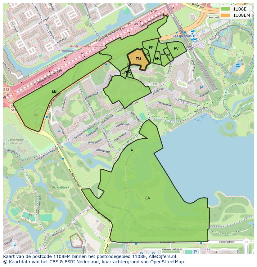 Afbeelding van het postcodegebied 1108 EM op de kaart.