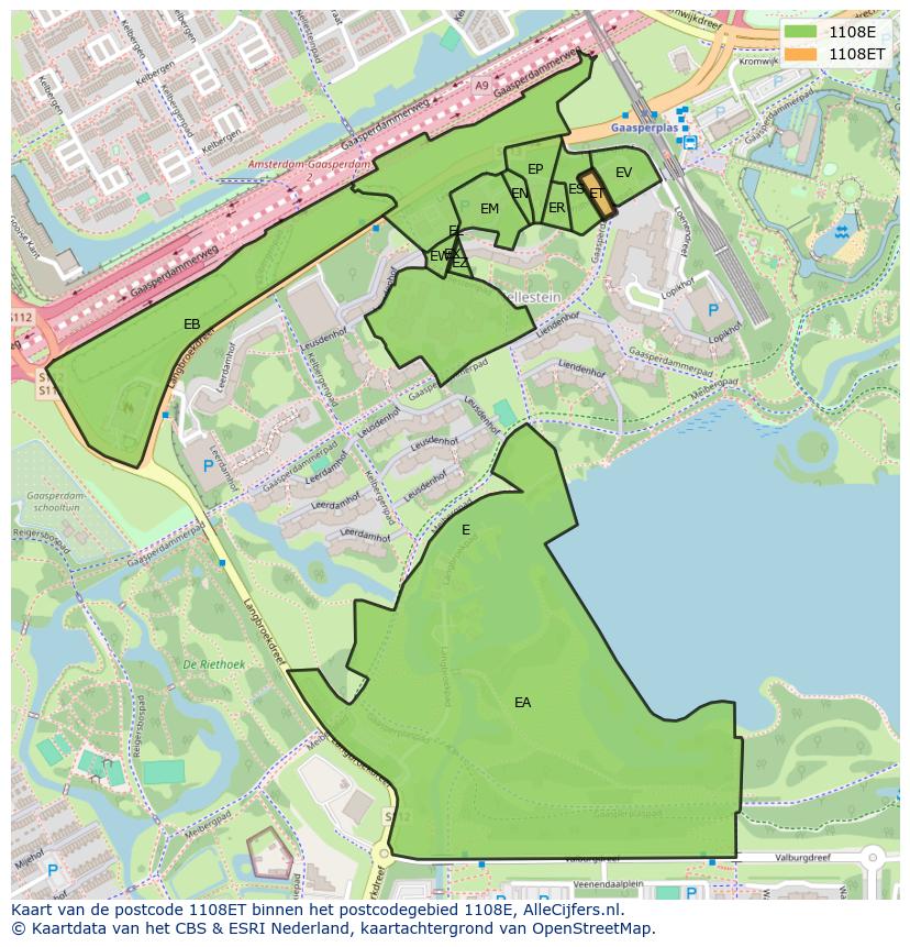 Afbeelding van het postcodegebied 1108 ET op de kaart.