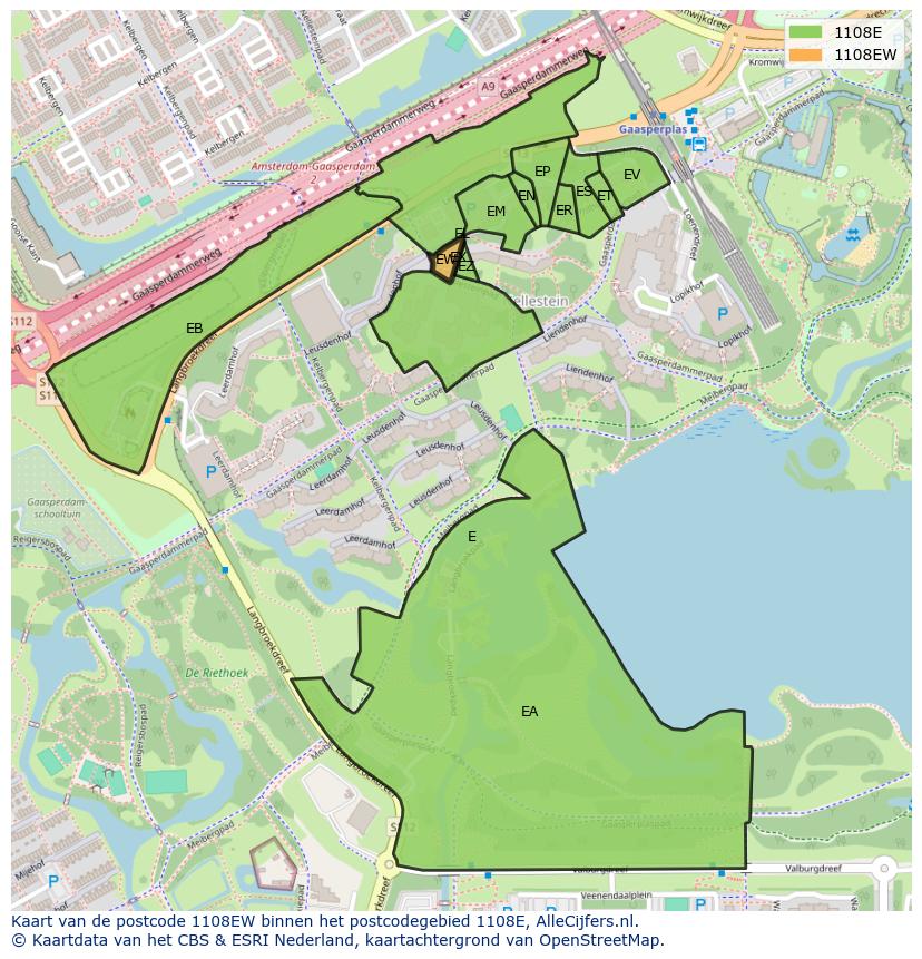 Afbeelding van het postcodegebied 1108 EW op de kaart.