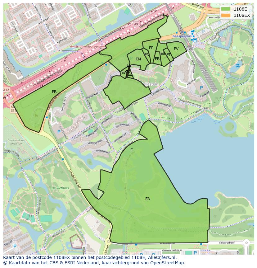 Afbeelding van het postcodegebied 1108 EX op de kaart.