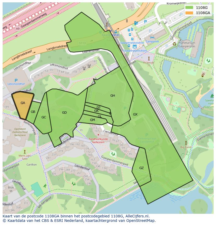 Afbeelding van het postcodegebied 1108 GA op de kaart.