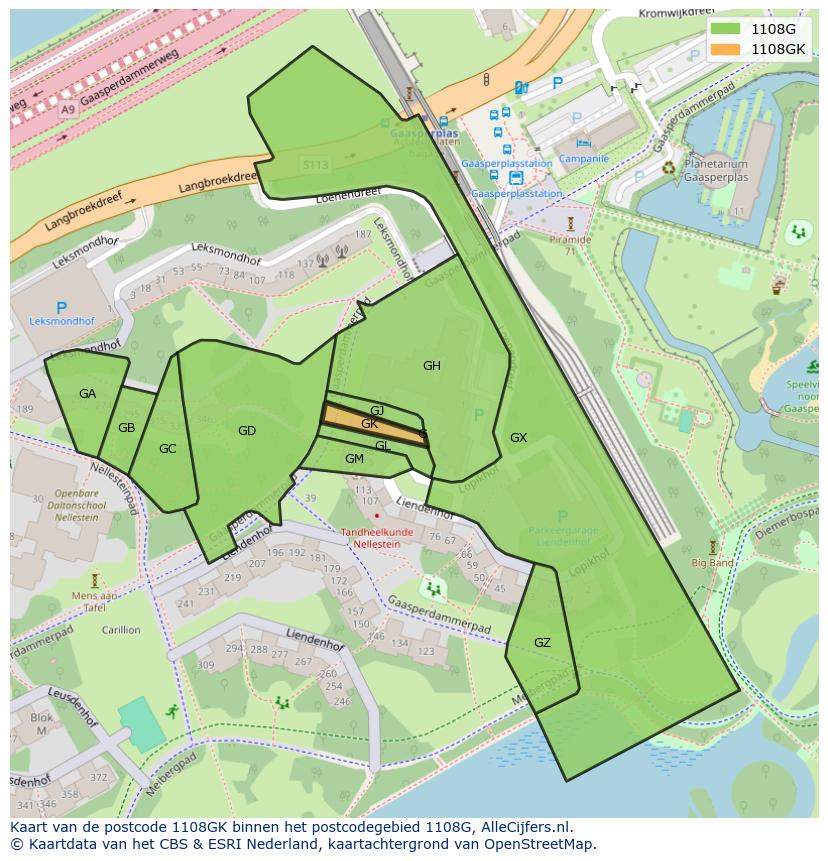Afbeelding van het postcodegebied 1108 GK op de kaart.
