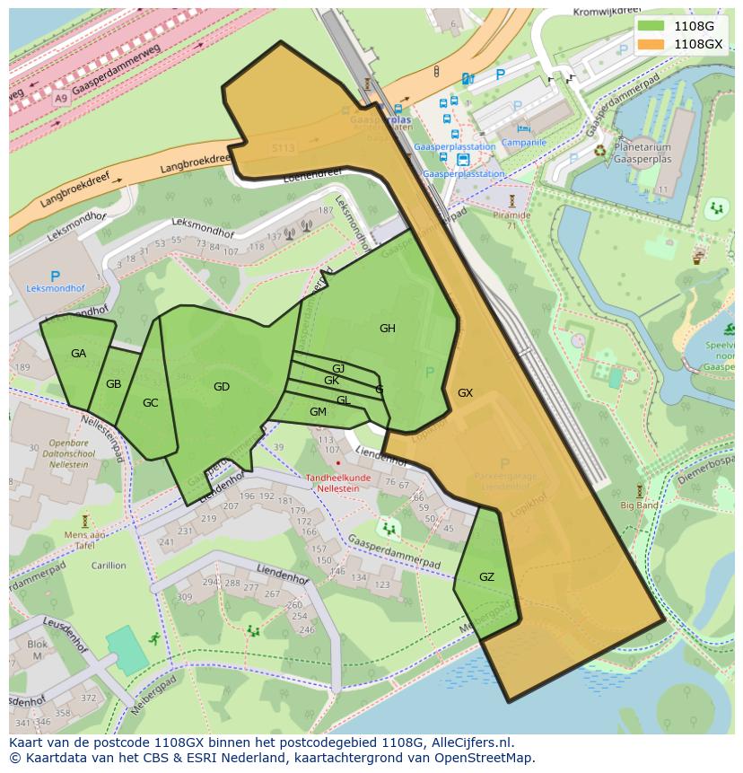 Afbeelding van het postcodegebied 1108 GX op de kaart.