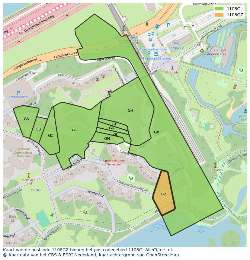 Afbeelding van het postcodegebied 1108 GZ op de kaart.