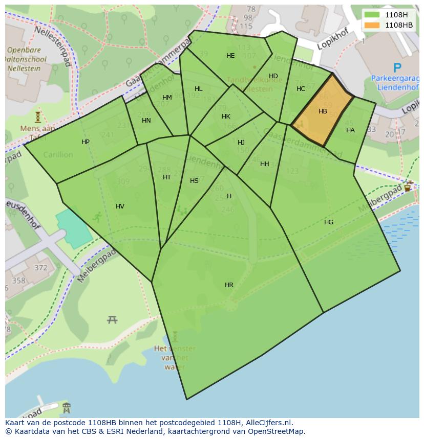 Afbeelding van het postcodegebied 1108 HB op de kaart.