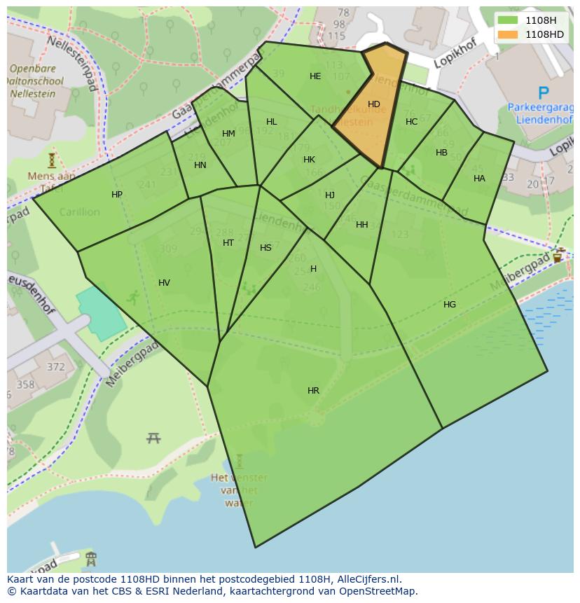 Afbeelding van het postcodegebied 1108 HD op de kaart.