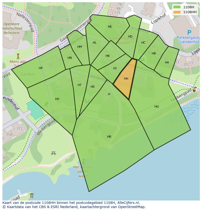 Afbeelding van het postcodegebied 1108 HH op de kaart.