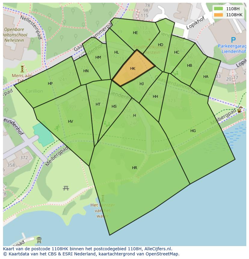Afbeelding van het postcodegebied 1108 HK op de kaart.