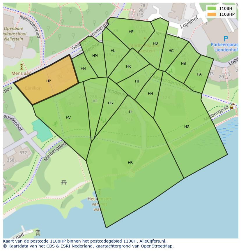 Afbeelding van het postcodegebied 1108 HP op de kaart.