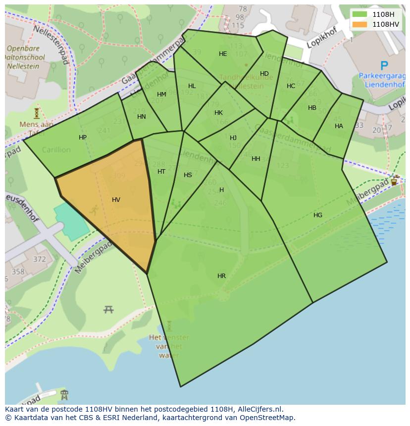 Afbeelding van het postcodegebied 1108 HV op de kaart.
