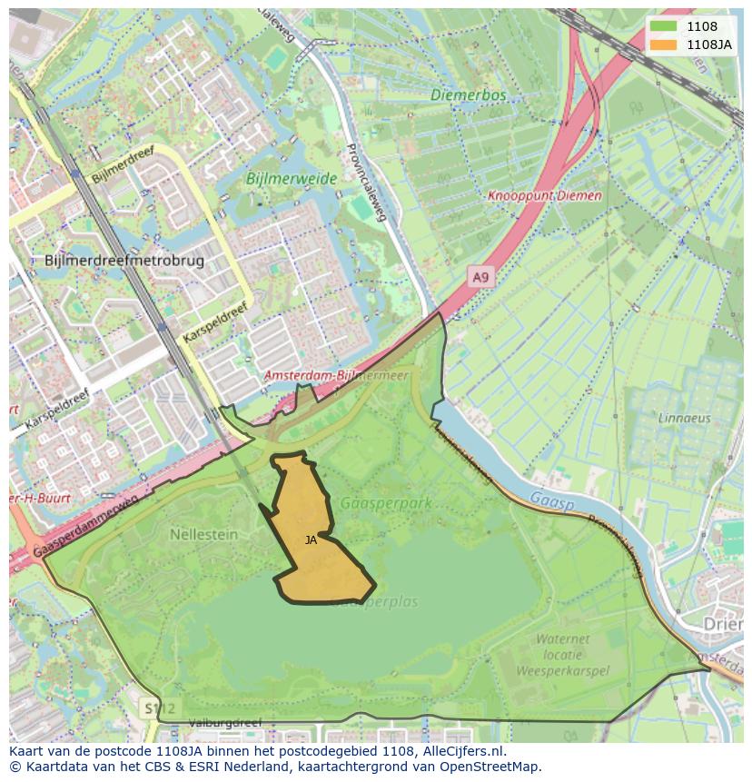 Afbeelding van het postcodegebied 1108 JA op de kaart.
