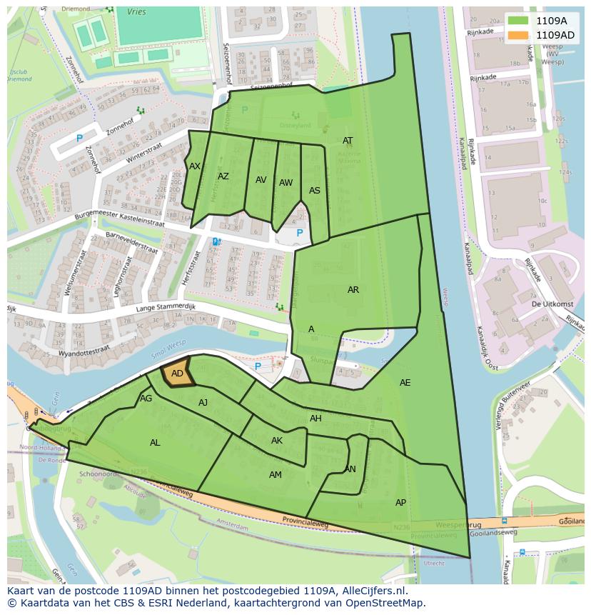 Afbeelding van het postcodegebied 1109 AD op de kaart.
