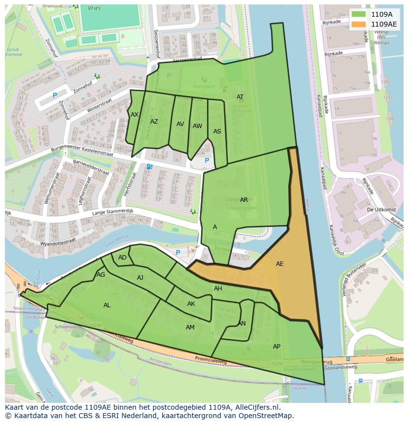 Afbeelding van het postcodegebied 1109 AE op de kaart.