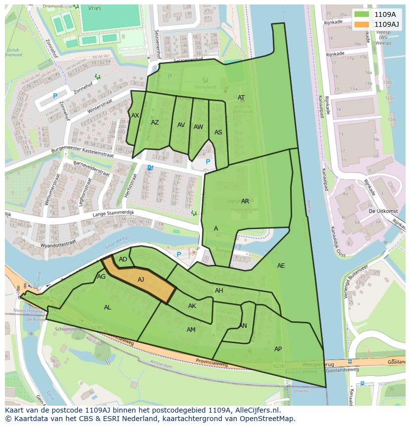 Afbeelding van het postcodegebied 1109 AJ op de kaart.
