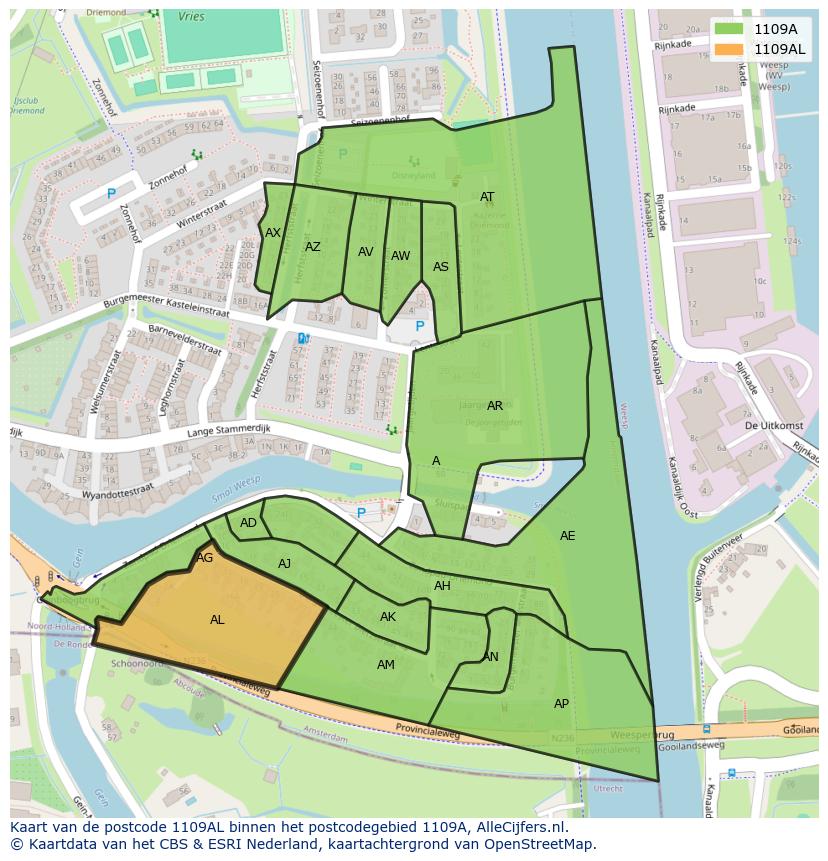 Afbeelding van het postcodegebied 1109 AL op de kaart.