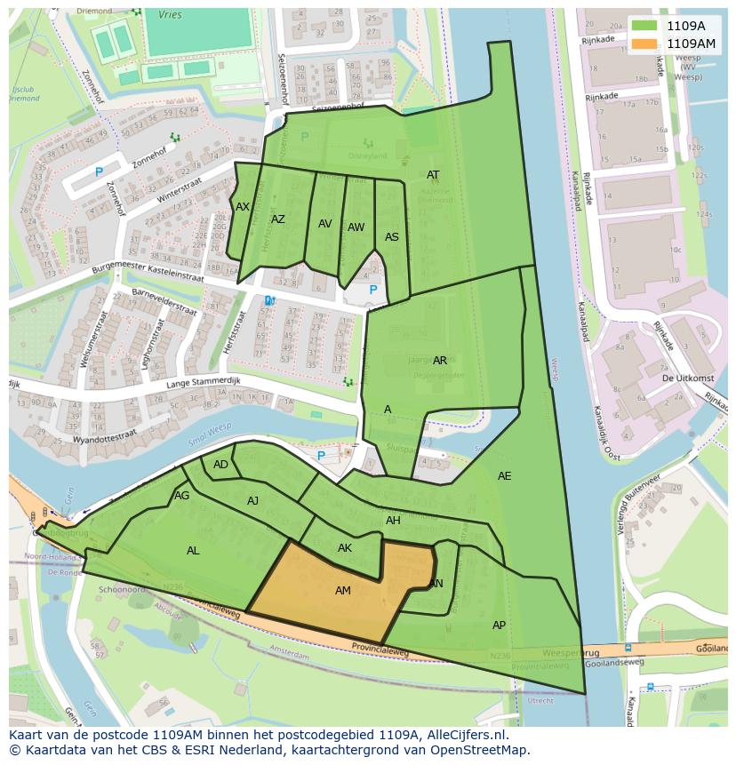 Afbeelding van het postcodegebied 1109 AM op de kaart.