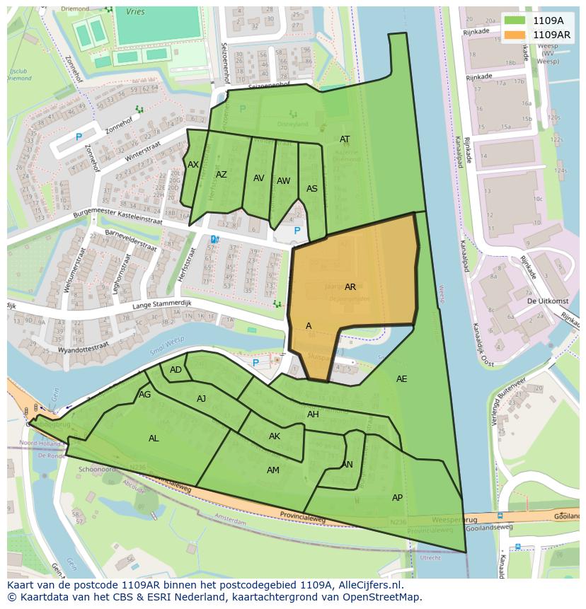 Afbeelding van het postcodegebied 1109 AR op de kaart.