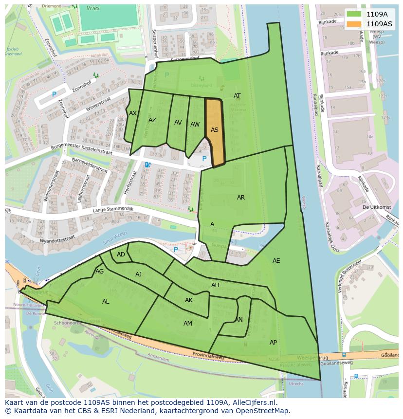Afbeelding van het postcodegebied 1109 AS op de kaart.