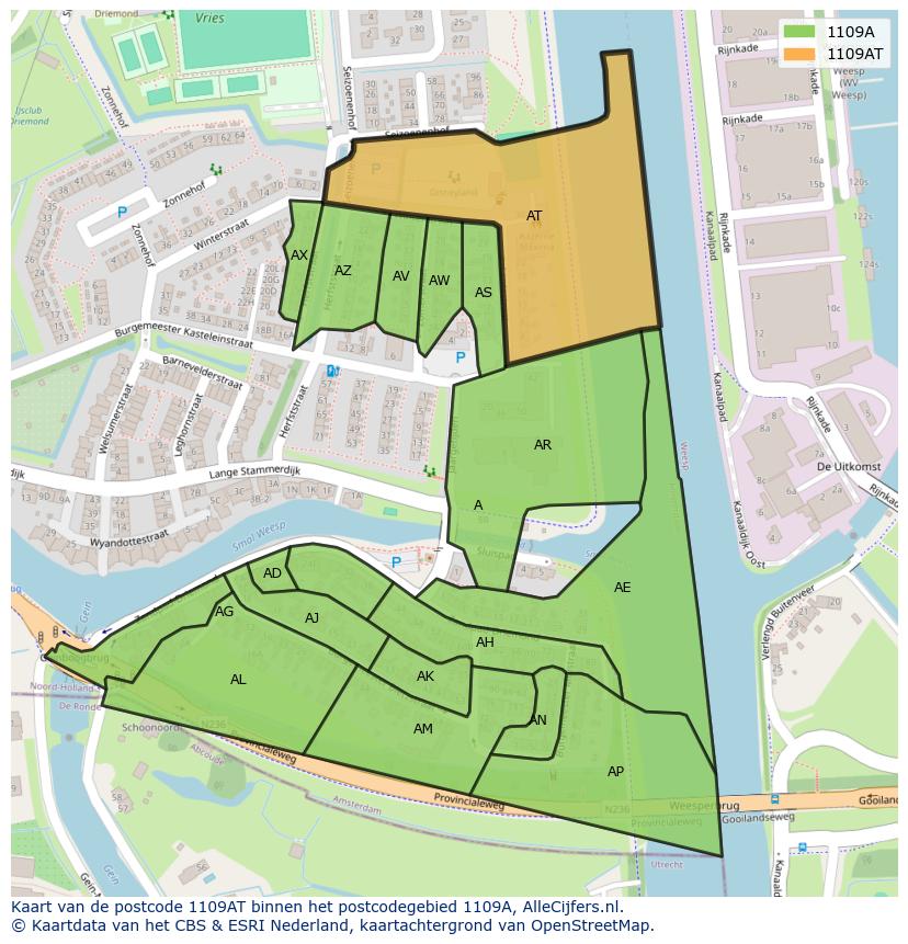 Afbeelding van het postcodegebied 1109 AT op de kaart.