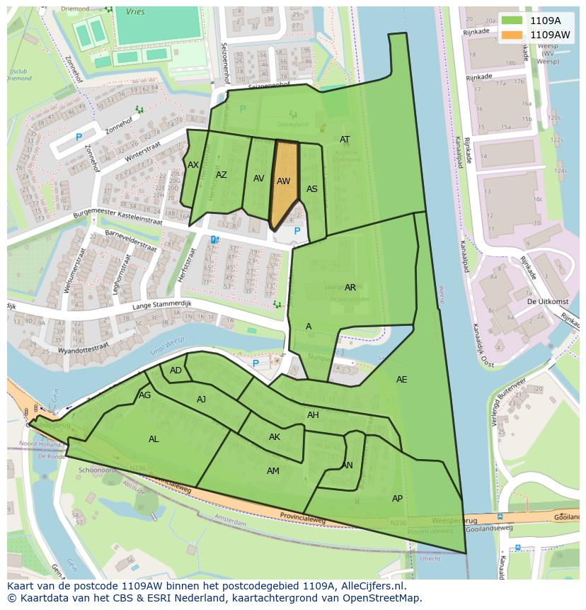 Afbeelding van het postcodegebied 1109 AW op de kaart.