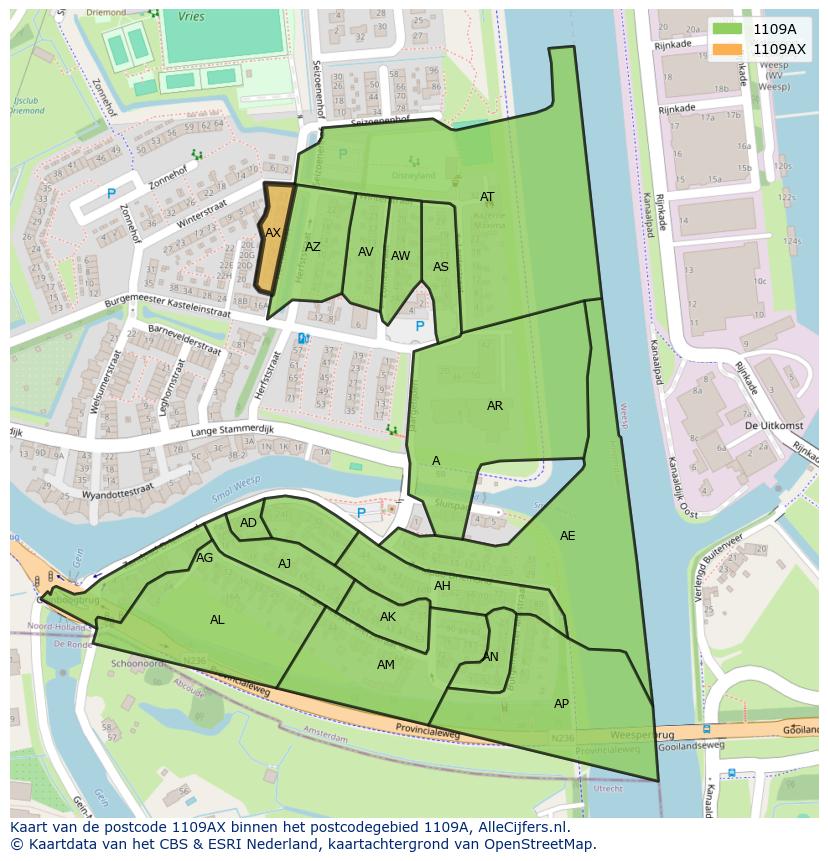 Afbeelding van het postcodegebied 1109 AX op de kaart.