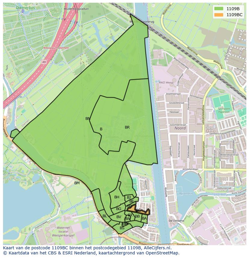 Afbeelding van het postcodegebied 1109 BC op de kaart.