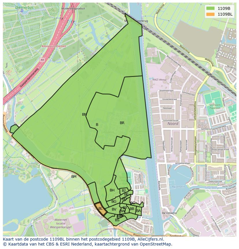 Afbeelding van het postcodegebied 1109 BL op de kaart.