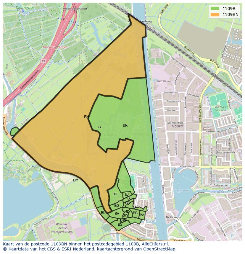 Afbeelding van het postcodegebied 1109 BN op de kaart.