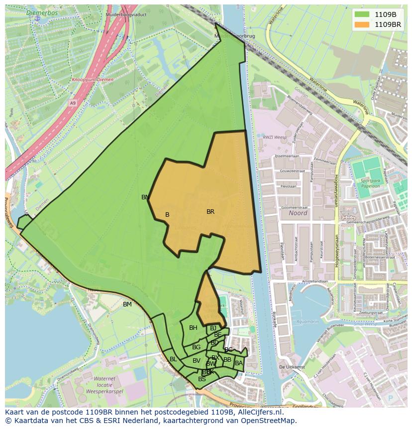 Afbeelding van het postcodegebied 1109 BR op de kaart.