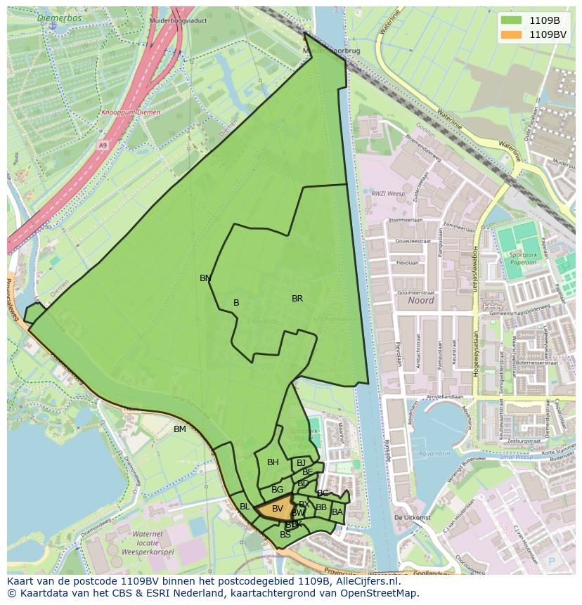 Afbeelding van het postcodegebied 1109 BV op de kaart.