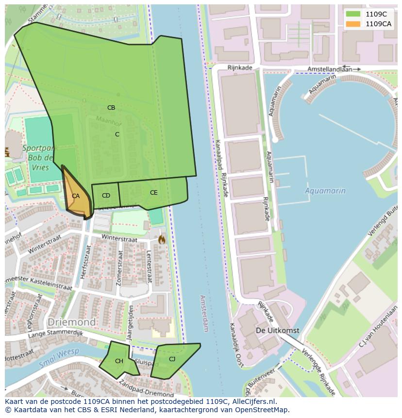 Afbeelding van het postcodegebied 1109 CA op de kaart.