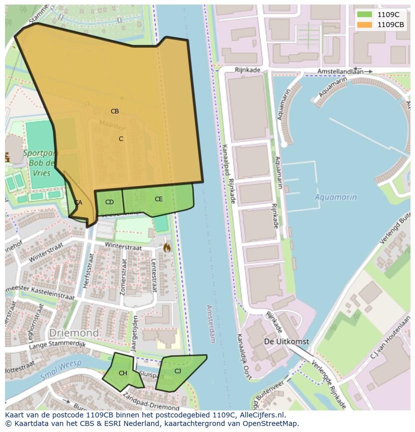 Afbeelding van het postcodegebied 1109 CB op de kaart.