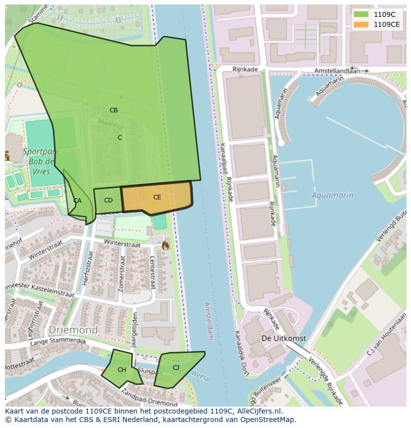 Afbeelding van het postcodegebied 1109 CE op de kaart.