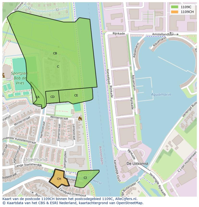 Afbeelding van het postcodegebied 1109 CH op de kaart.