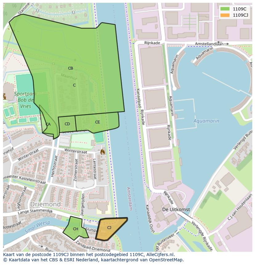 Afbeelding van het postcodegebied 1109 CJ op de kaart.