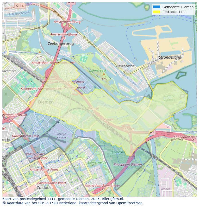 Afbeelding van het postcodegebied 1111 op de kaart.