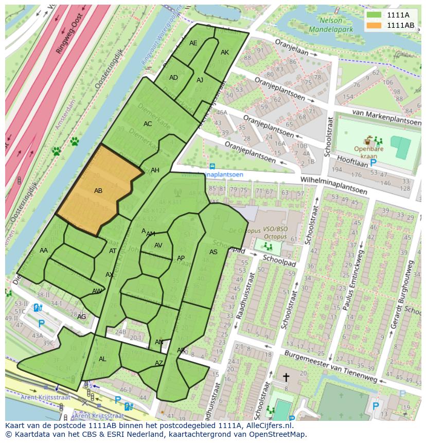 Afbeelding van het postcodegebied 1111 AB op de kaart.