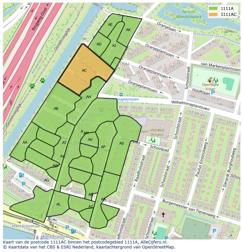 Afbeelding van het postcodegebied 1111 AC op de kaart.