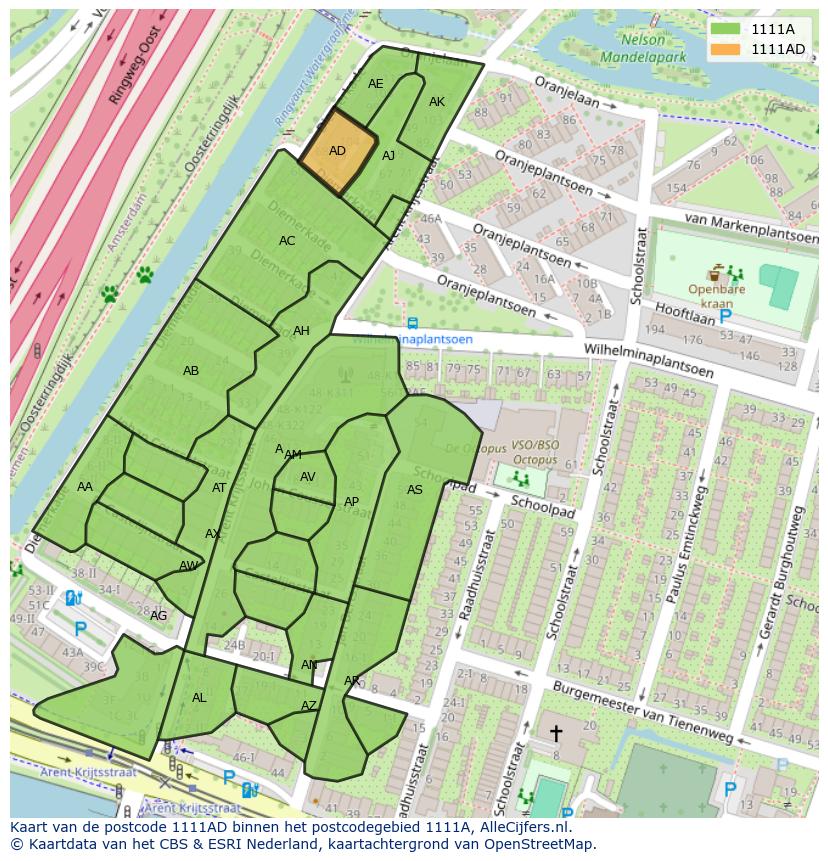 Afbeelding van het postcodegebied 1111 AD op de kaart.