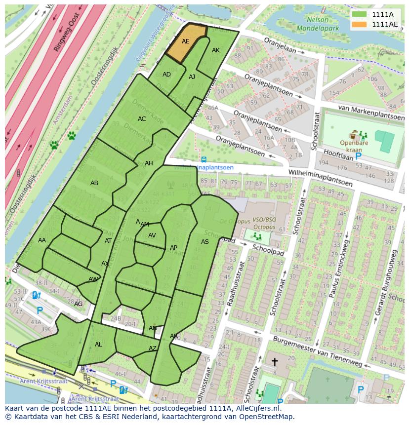 Afbeelding van het postcodegebied 1111 AE op de kaart.