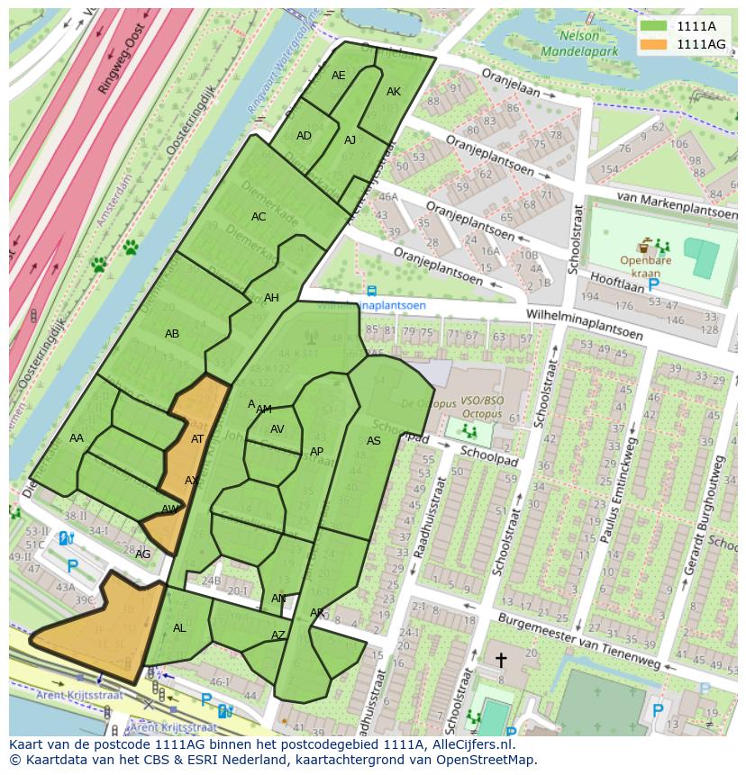 Afbeelding van het postcodegebied 1111 AG op de kaart.
