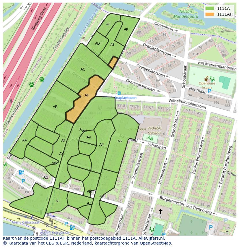 Afbeelding van het postcodegebied 1111 AH op de kaart.