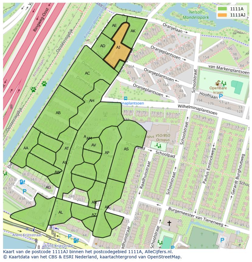 Afbeelding van het postcodegebied 1111 AJ op de kaart.