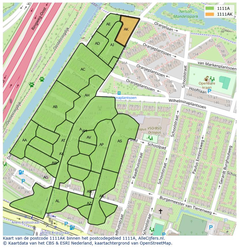Afbeelding van het postcodegebied 1111 AK op de kaart.