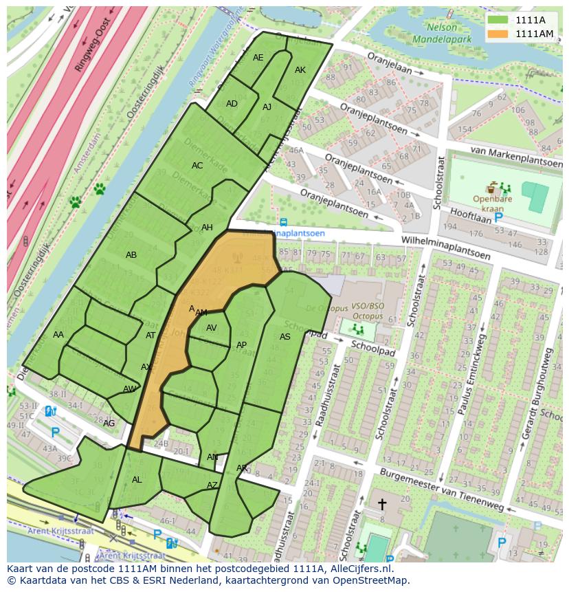 Afbeelding van het postcodegebied 1111 AM op de kaart.