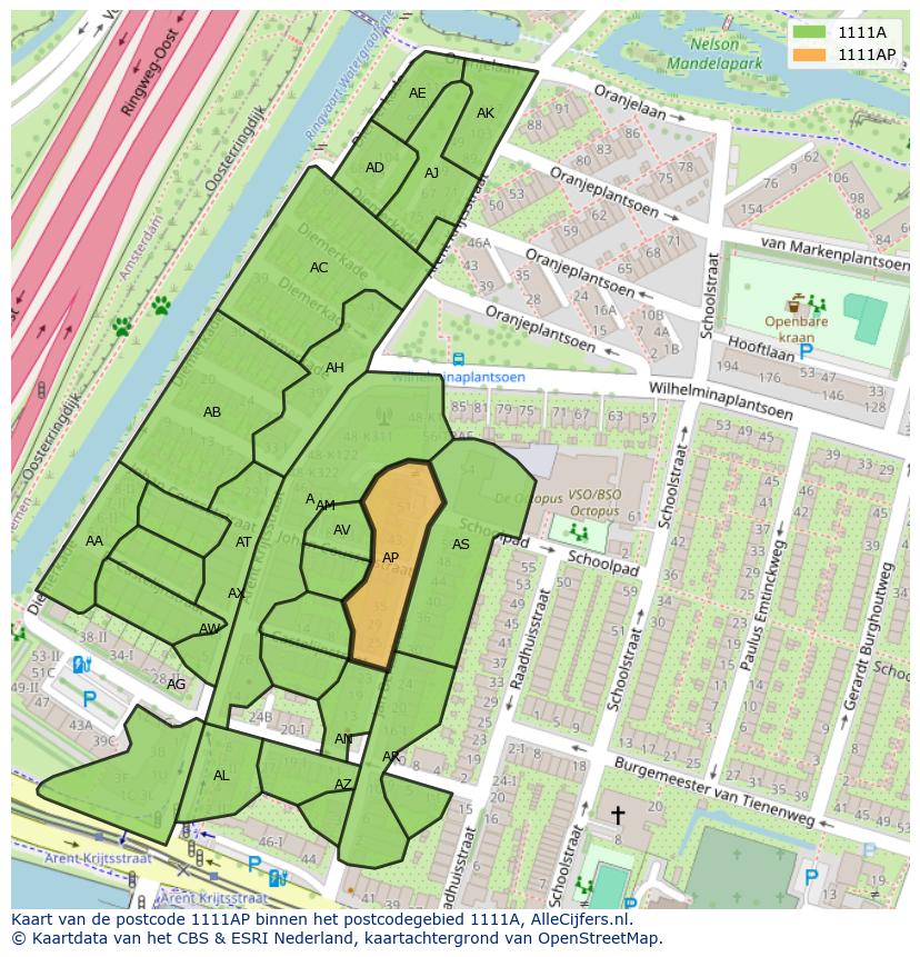 Afbeelding van het postcodegebied 1111 AP op de kaart.
