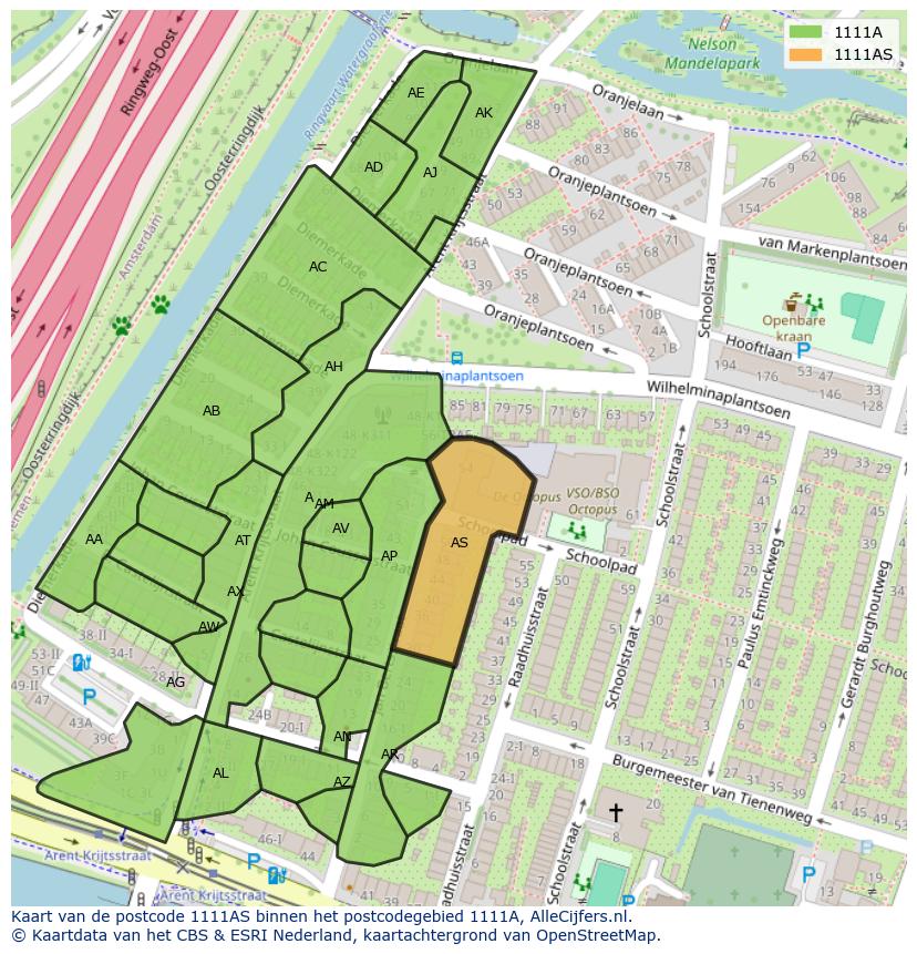Afbeelding van het postcodegebied 1111 AS op de kaart.